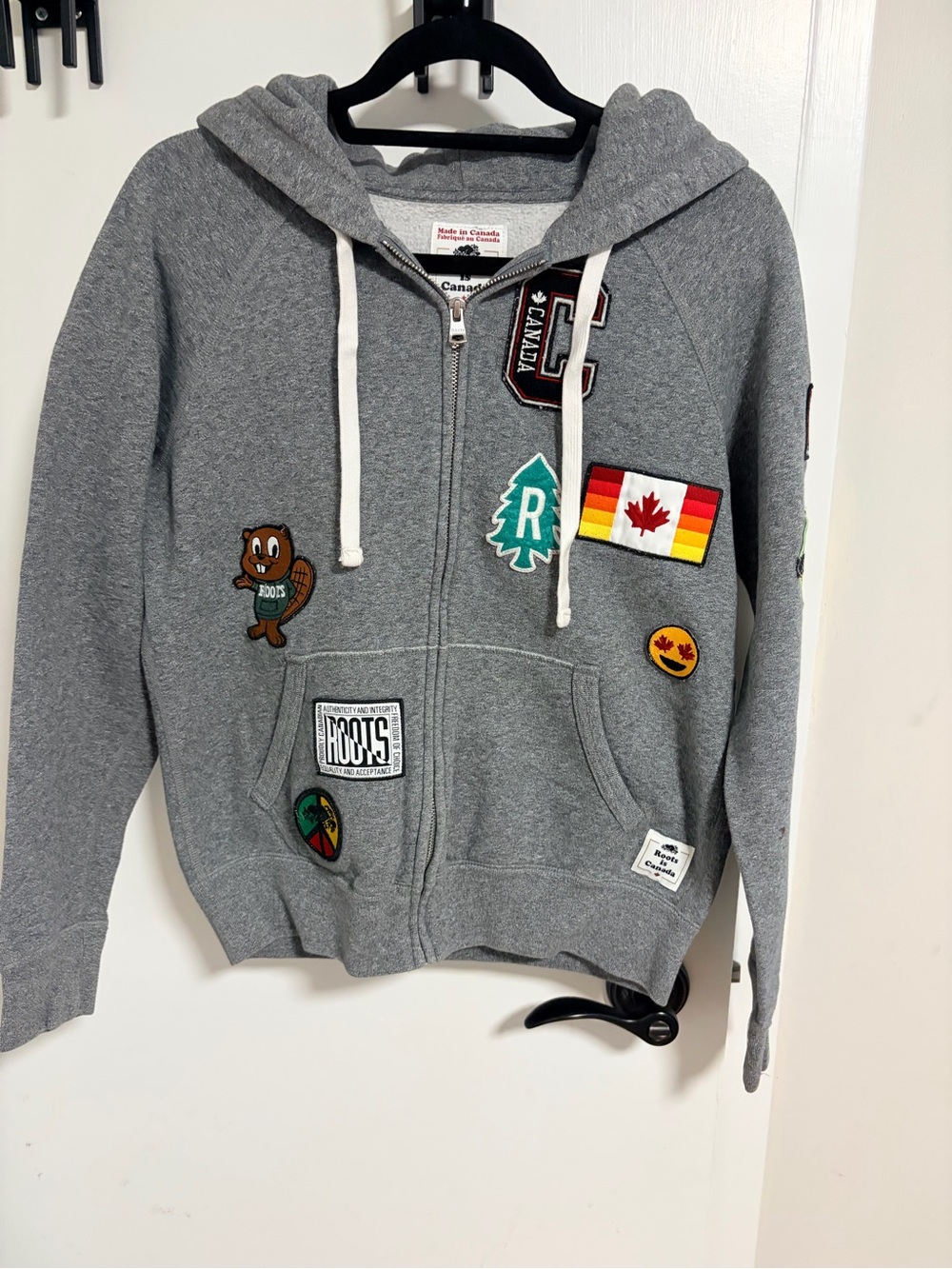 Roots Gray Hooded Zip-Up Jacket with Colorful Patch Accents